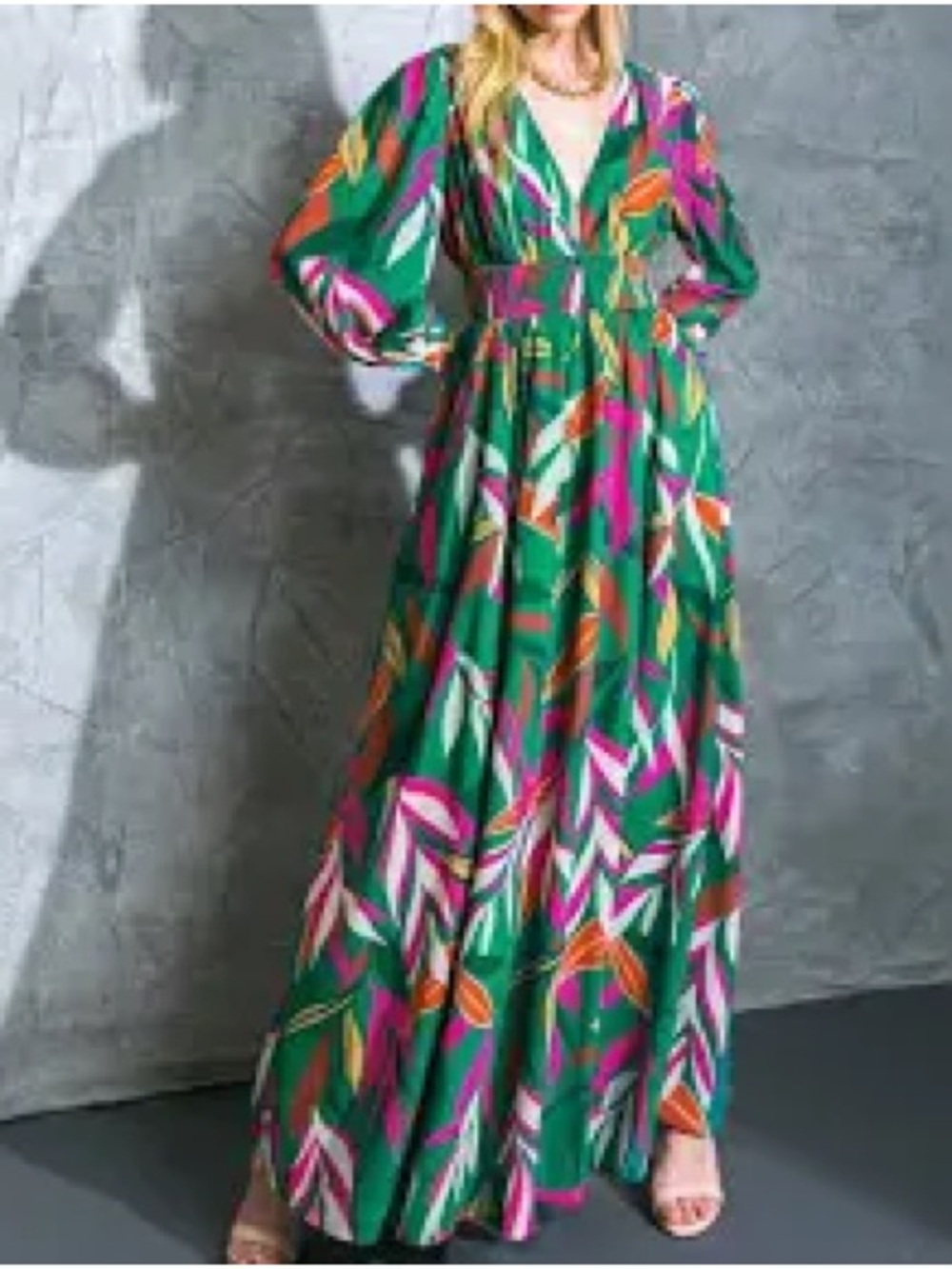 Flying Tomato Green Maxi Dress with Pink, Orange, White and Brown Leaf Print